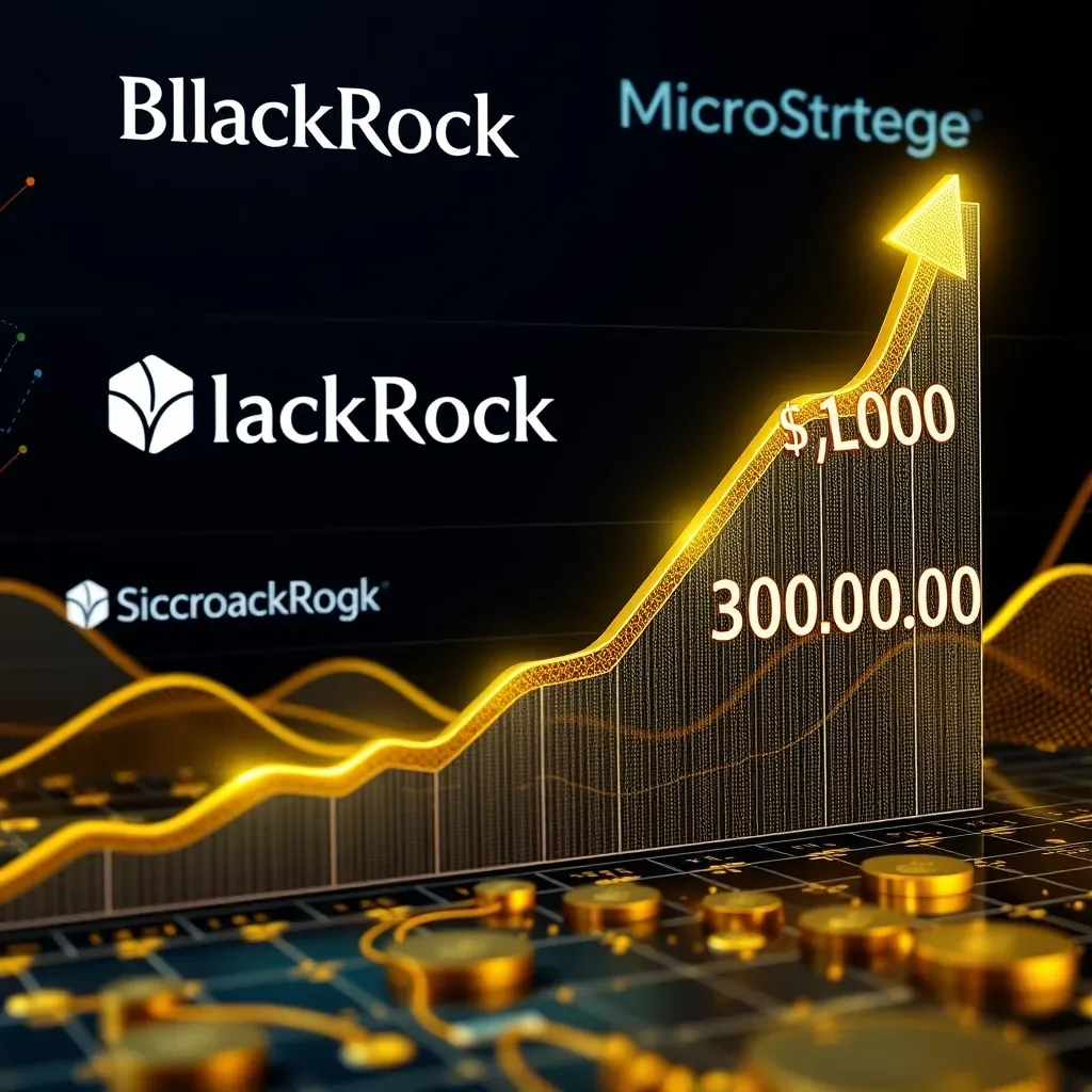Gráfico futurista do Bitcoin com projeção ascendente para $200.000, logos da BlackRock e MicroStrategy ao fundo