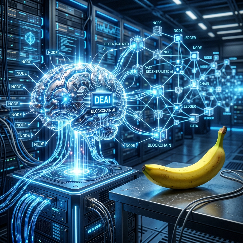 Integração visual futurista entre inteligência artificial dezenas de nós em blockchain de infraestrutura DeAI