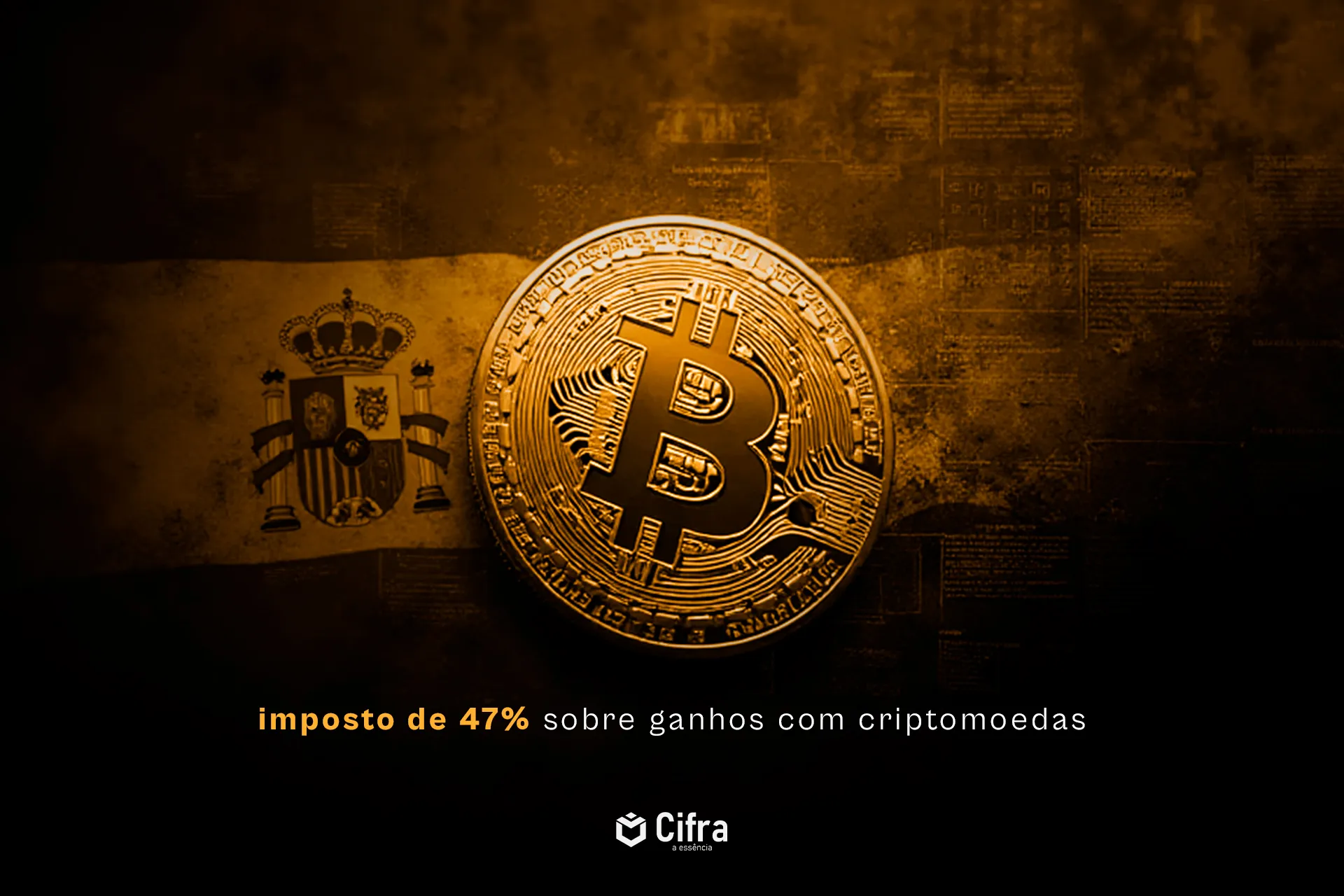 Bandeira da Espanha com símbolos de Bitcoin e impostos representando a proposta de taxa de 47% sobre criptomoedas
