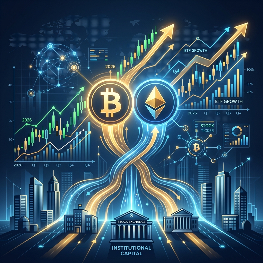ETFs de Bitcoin e Ethereum em 2026: gráficos financeiros com símbolos de BTC e ETH