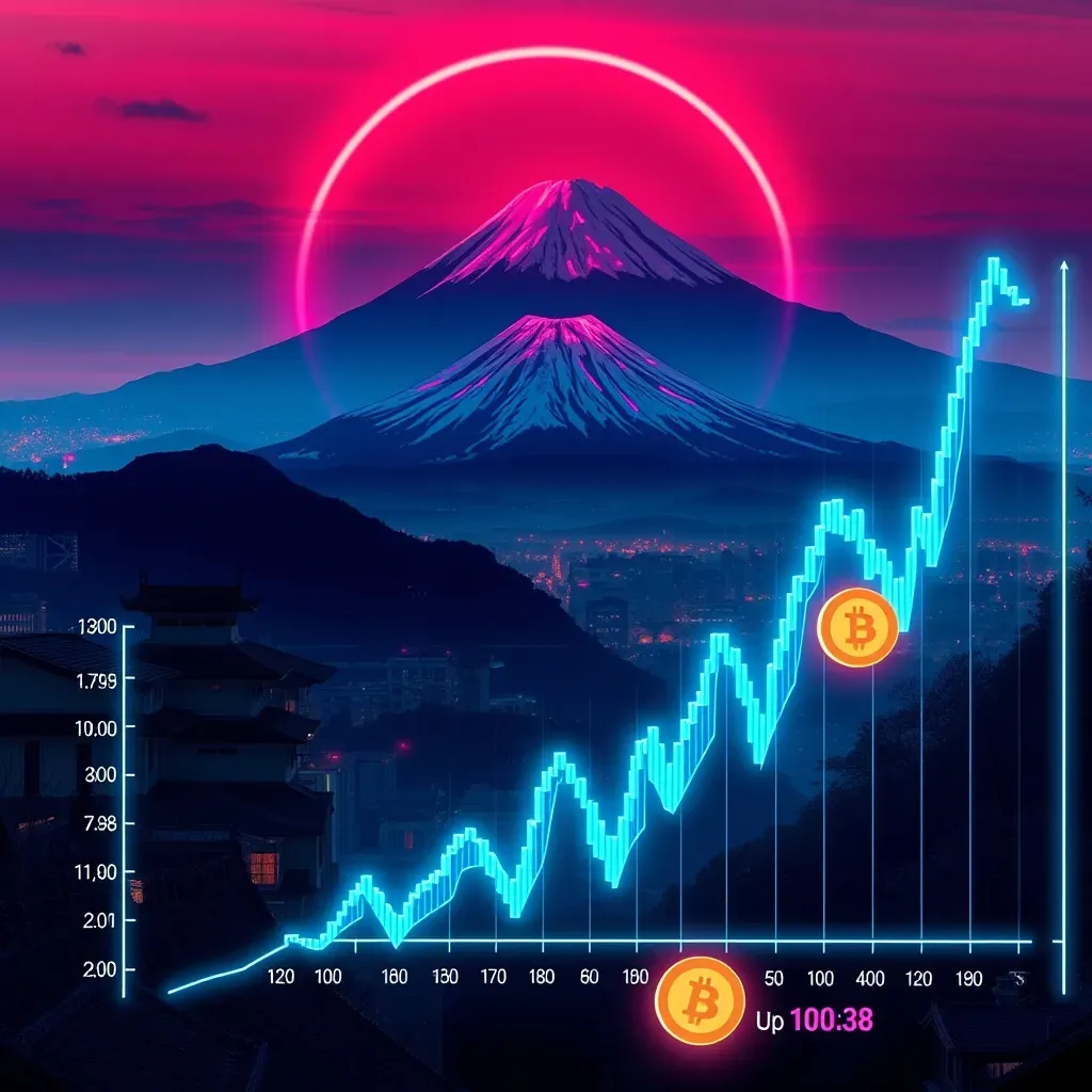Conceito artístico misturando elementos tradicionais japoneses (Torii, Monte Fuji) com gráficos de alta do Bitcoin e símbolos de porcentagem