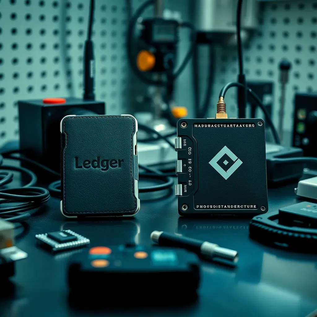 Ledger e Trezor lado a lado em teste de bancada com ferramentas de análise de segurança