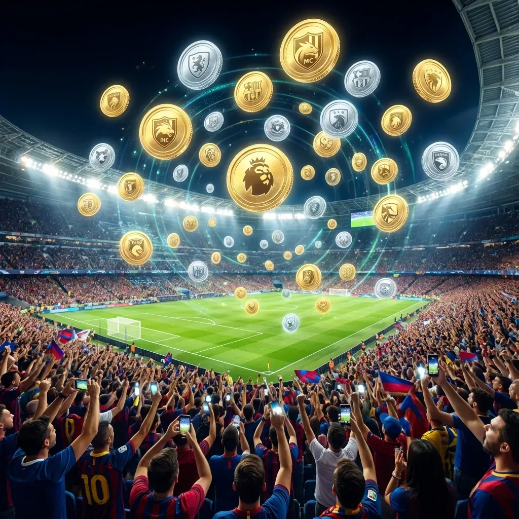 Estádio de futebol lotado com hologramas de tokens digitais flutuando sobre a torcida