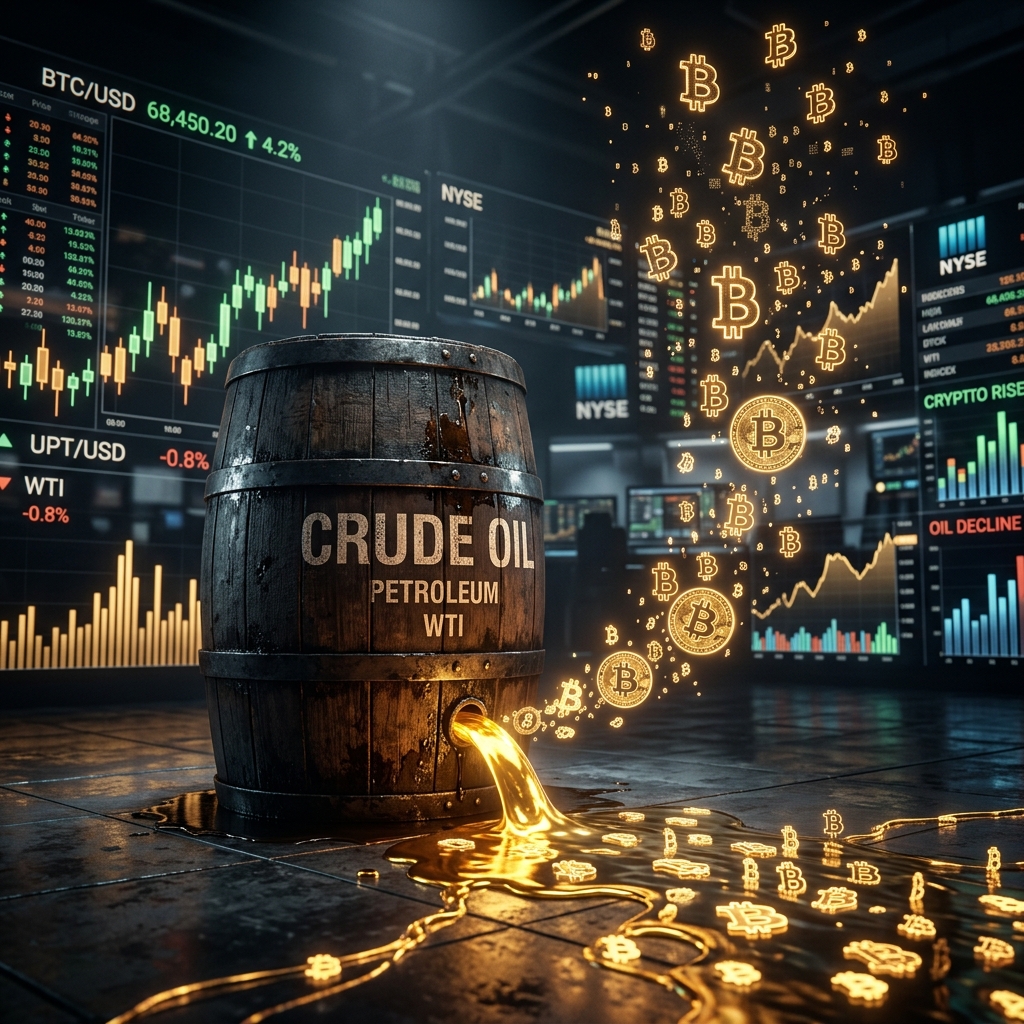 Barril de petróleo em chamas vazando ouro líquido na forma do Bitcoin, demonstrando a inflação