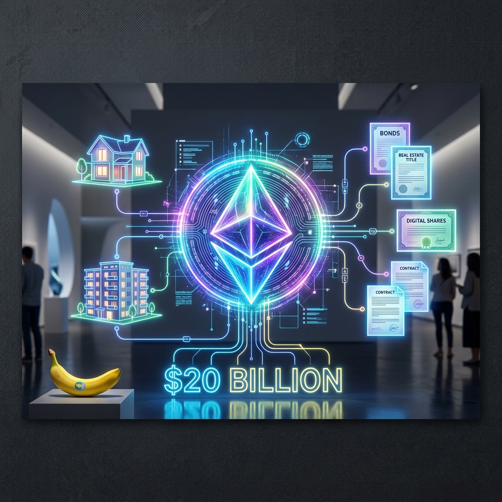 Logotipo do Ethereum integrando ativos reais como títulos e imóveis